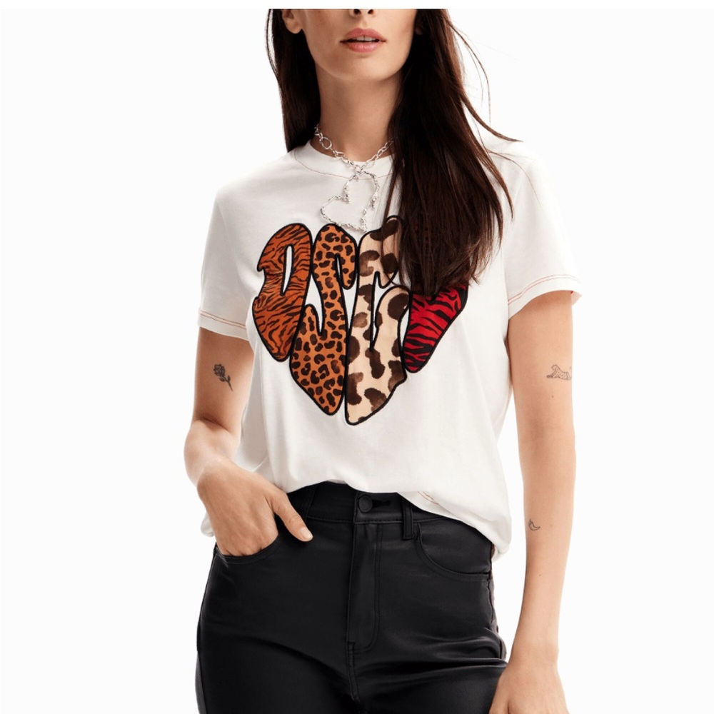 Desigual White Tee with Animal Print Heart